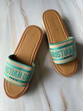 Christian Dior Dway Platform Slide Sandals Size 37 Turquoise Beige Wedge Mule
